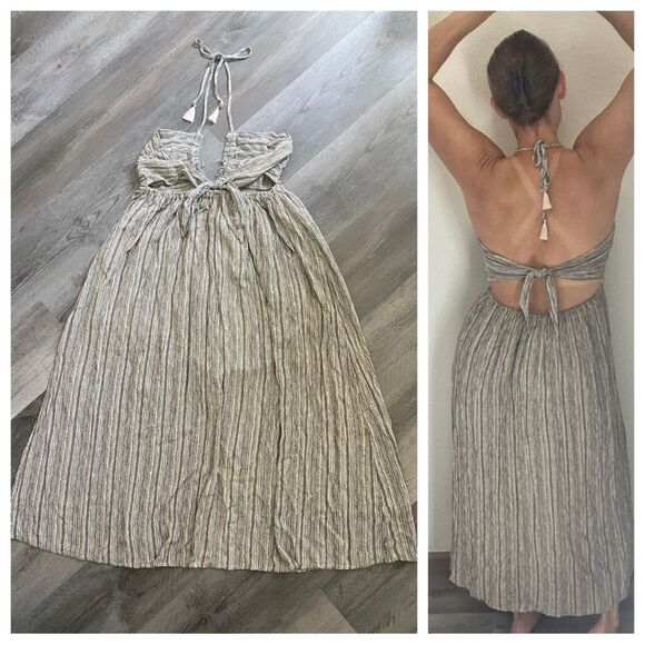 Promesa Halter Midi Dress Black Cream Back Tie Boho Vacation - Picture 7 of 12